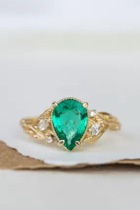 Big pear natural emerald engagement ring, gold nature inspired promise ring / Patricia