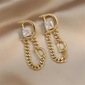 Fashion Jewelry Chain Tassel Letter D Square Zircon Earrings S4809373