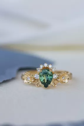 Green sapphire engagement ring with accent diamonds, flower style gold promise ring / Adelina