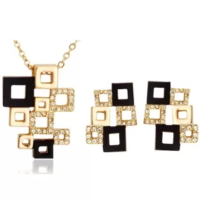 Hollow Square Crystal and Rhinestone Necklace & Earrings Fashion Jewelry Set