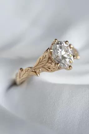 Moissanite gold leaf engagement ring, oval cut gemstone proposal ring / Freesia