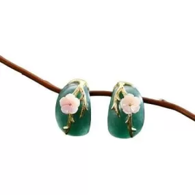 Natural Aventurine Original Plum Flower Stud Earrings - 925 Sterling Silver