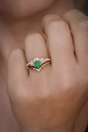 Natural emerald engagement ring set, nature inspired gold rings / Amelia