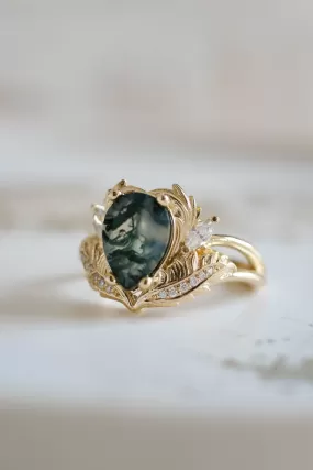 One of a kind moss agate engagement ring, unique gold proposal ring with diamonds / Adonis