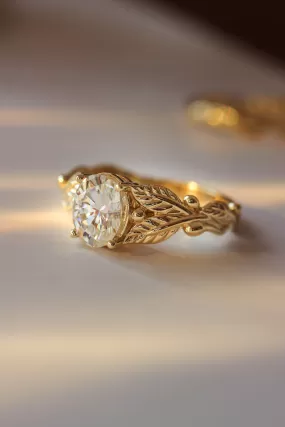 Oval cut moissanite engagement ring, gold leaf promise ring / Cornus