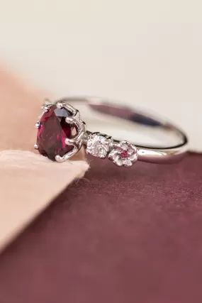 READY TO SHIP: Fiorella ring in 14K white gold, natural rhodolite garnet oval cut 8x6 mm, accents lab grown diamonds and pink tourmalines, AVAILABLE RING SIZES: 6.75-8.75US