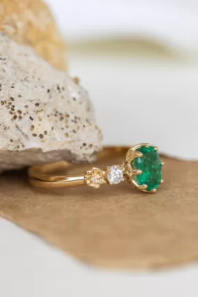 READY TO SHIP: Fiorella ring in 14K yellow gold, natural emerald oval cut 8x6 mm, accents natural diamonds, AVAILABLE RING SIZES: 8.75-10.75US