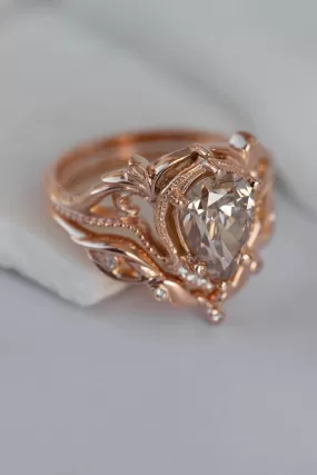 READY TO SHIP: Lida ring set in 14K rose gold, champagne colour natural diamond, pear cut 10x7 mm, accent moissanites, AVAILABLE RING SIZES: 5.5-7.5US