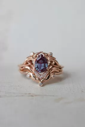 Reserved, READY TO SHIP: Lida small in 14K rose gold, 7x5 mm pear cut lab alexandrite, moissanites, RING SIZE 5 US