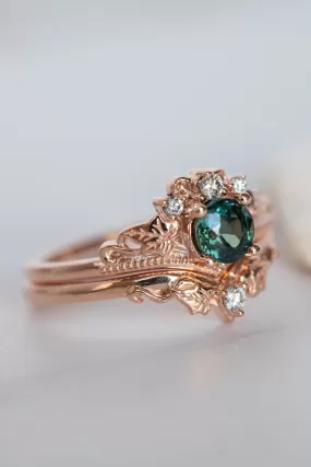 Teal sapphire bridal ring set, rose gold engagement ring with sapphire and diamonds  / Ariadne