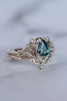 Teal sapphire bridal ring set, white gold engagement ring set with diamonds / Lida small