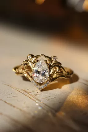 Teardrop white sapphire engagement ring, vintage inspired gold proposal ring with diamonds / Lida small