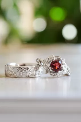 Wedding rings set for couples: gold ivy leaves band for him, gold ivy leaves ring with garnet for her